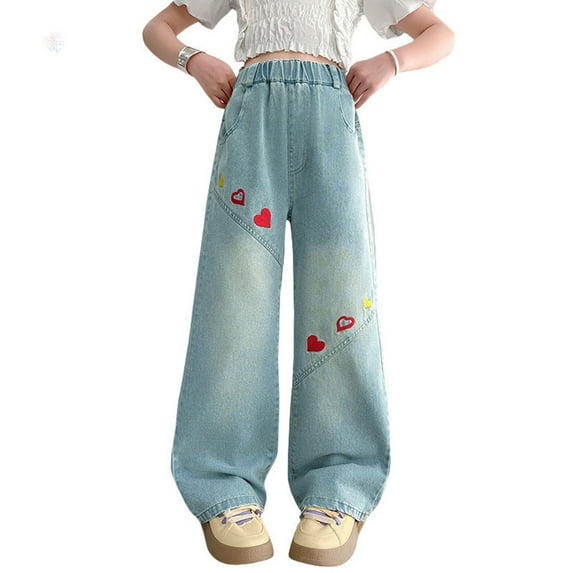 oqasdz Girls Pants Heart Embroidered Wide Leg Straight Denim Trousers Comfortable Elastic Waist for Spring Summer Size 8 Y-9 Y