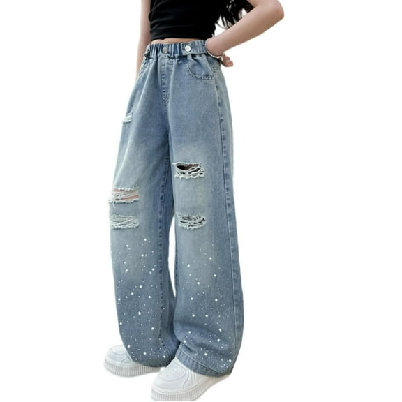 oqasdz Girls Pants Jeans Trousers with Hole Denim Blue Jeans Vintage Trousers with Wide Leg for Children Size 12 Y-14 Y