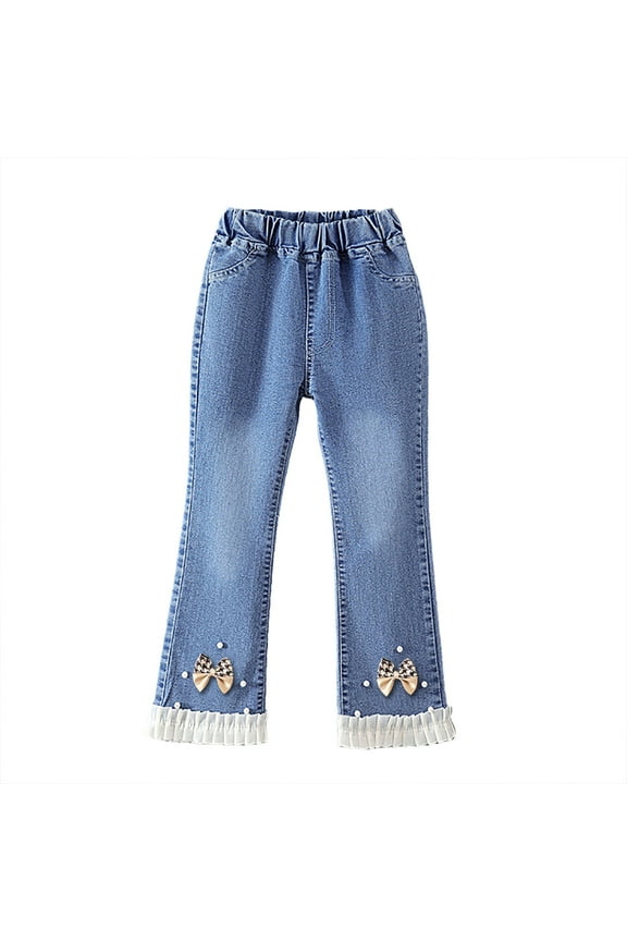 Girls Pants Pearl Bow Embroidered Jeans Flare Wide Leg Denim with Elastic Waist for Toddler Kids Size 2 Y-3 Y