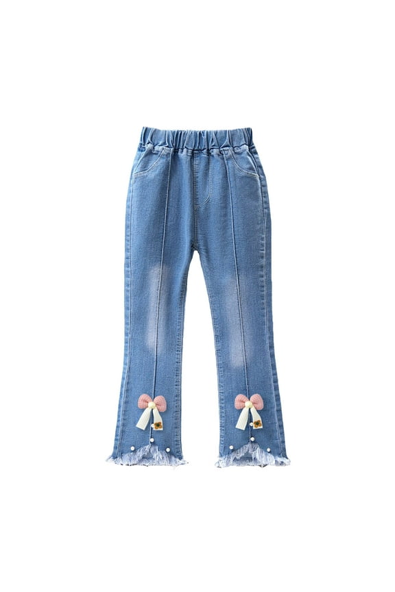 Girls Pants Pearl Bow Embroidered Jeans Flare Wide Leg Denim with Elastic Waist for Toddler Kids Size 3 Y-4 Y