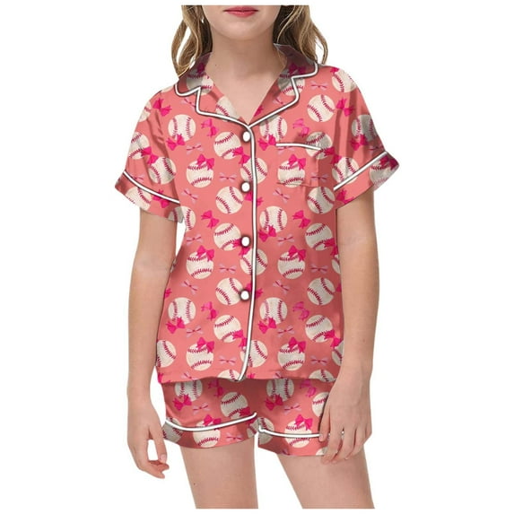 oqasdz Girls Pjamas Summer Short Sleeved Baseball Shirt With Bowknot Print And Elastic Waist Pants Casual Sleepwear Pajama Set/6-7 Years