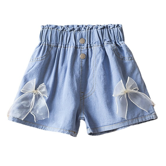oqasdz Girls Shorts Denim with Bow Flower Decorations Stretchy Elastic Waist Casual Summer for Toddler Kids Shorts Size 4 Y-5 Y