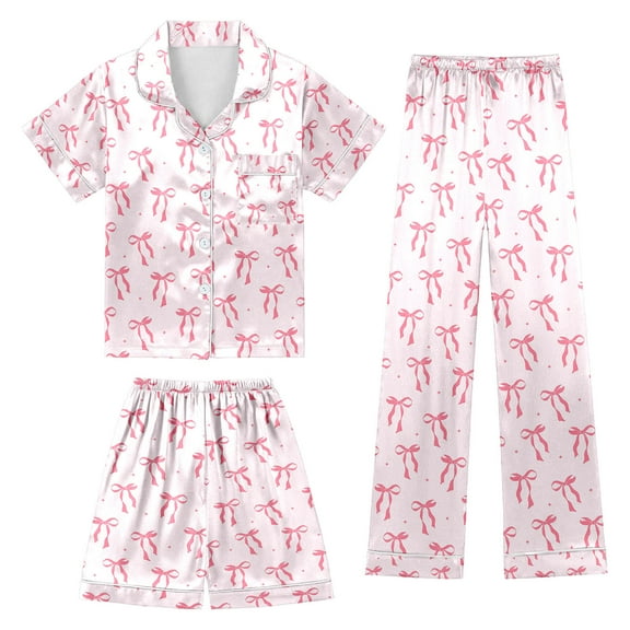 oqasdz Girls Silk Like Printed Pajama Set Soft Satin Sleepwear Comfortable Kids Loungewear Cute Outfits For Toddler Kids/10-11 Years