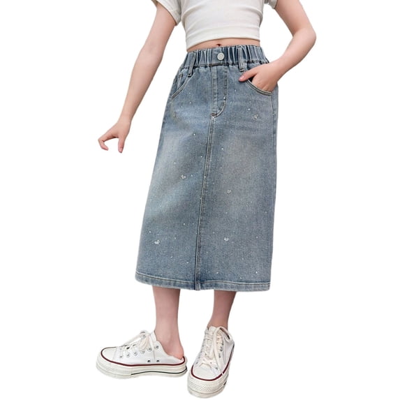 oqasdz Girls Skirts Stretch Waist Long Denim Skirt with Heart Rhinestone Design Fashion for Big Kids and Casual Outdoor