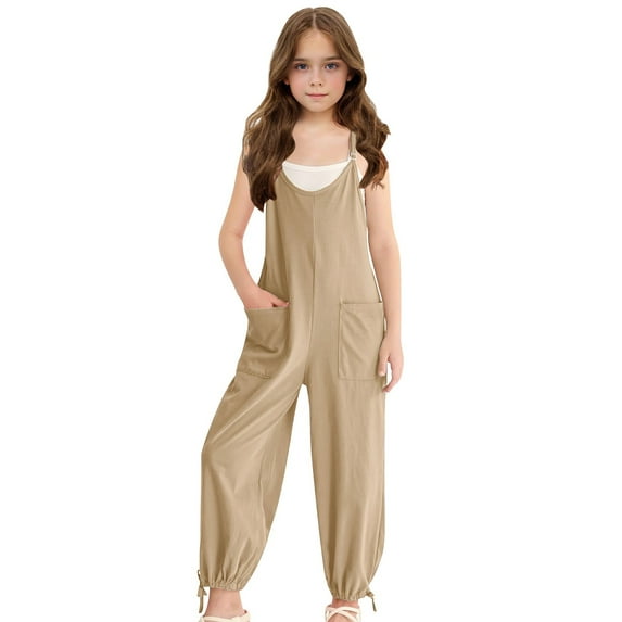 oqasdz Girls Sleeveless Jumpsuit Solid Color with Adjustable Thin Straps Tapered Legs and Pockets Playwear for Kids Casual Cozy Soft Daily Wear