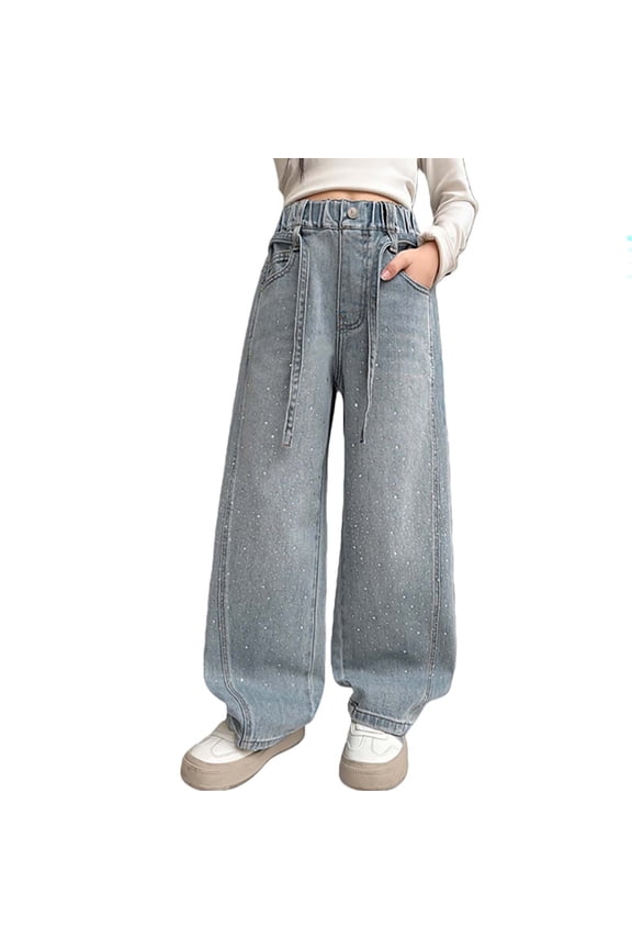 Girls Star Rhinestone Flared Pants Straight Leg Wide Cargo Trousers for Youth Versatile Casual Outdoor
