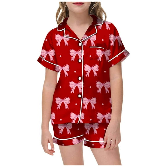 oqasdz Girls Summer Outfits 2 Piece Set Short Sleeve Top With Bow Print And Elastic Waist Shorts Casual Loungewear Pajamas For Toddler Kids/