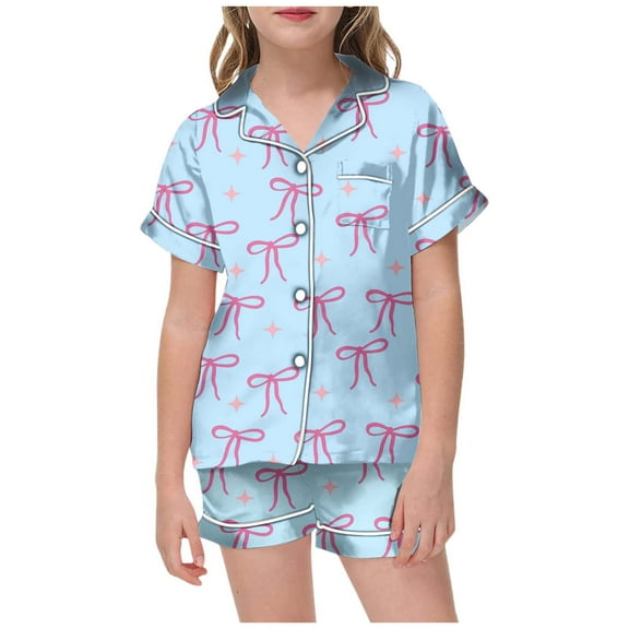 oqasdz Girls Summer Outfits 2 Piece Set Short Sleeve Top With Bow Print And Elastic Waist Shorts Casual Pajamas For Toddler Kids/12-13 Years