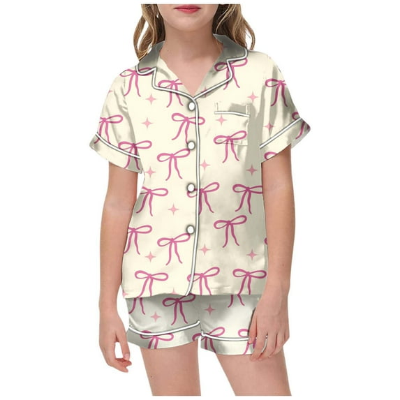 oqasdz Girls Summer Outfits 2 Piece Set Short Sleeve Top With Bow Print And Elastic Waist Shorts Casual Pajamas For Toddler Kids/4-5 Years