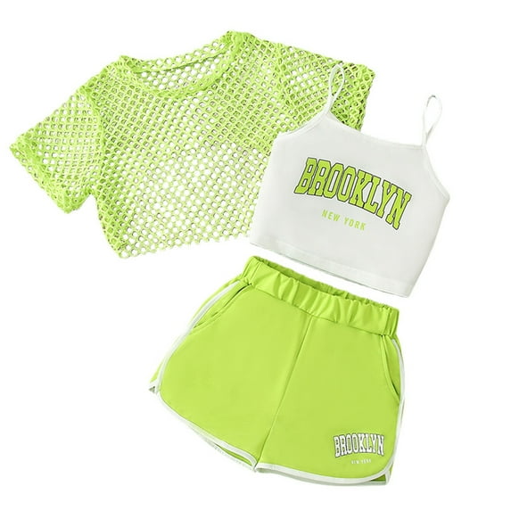 oqasdz Girls Summer Outfits 3 Piece Set Casual Loose Fit Sleeveless Top and Shorts Combo For Outdoor Activities Comfortable Playwear/7-8 Years