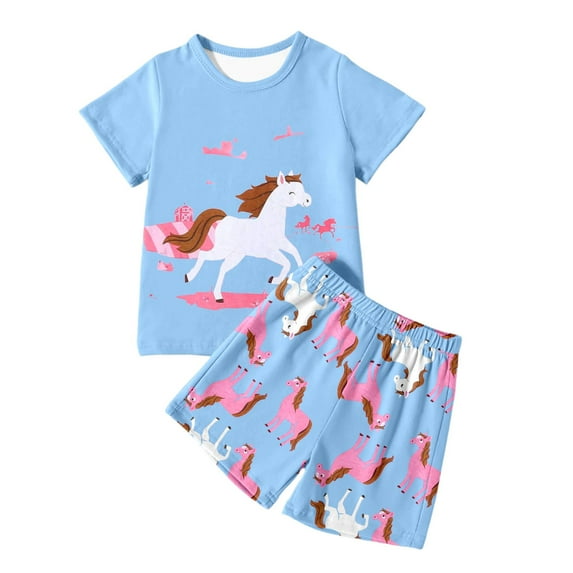 oqasdz Girls Summer Outfits Casual Cartoon Horse Print Short Sleeve Shorts Set Comfortable For Toddler Kids Daily Wear Activities/5-6 Years