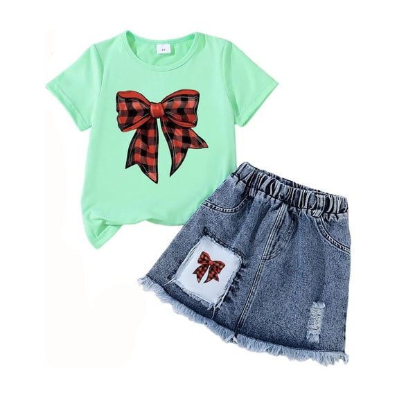oqasdz Girls Summer Outfits Cute Printed Crewneck Short Sleeve T Shirt and Denim Skirt for Kids Casual 2 Piece Comfort Clothes Sets