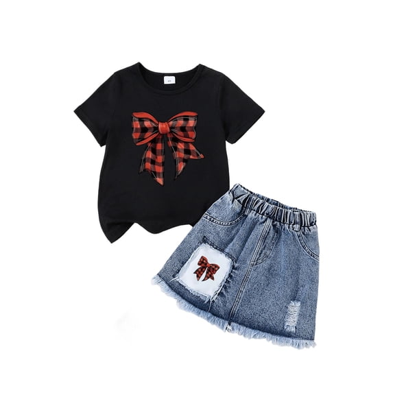 oqasdz Girls Summer Outfits Cute Printed Crewneck Short Sleeve T Shirt and Denim Skirt for Kids Casual 2 Piece Comfort Clothes Sets