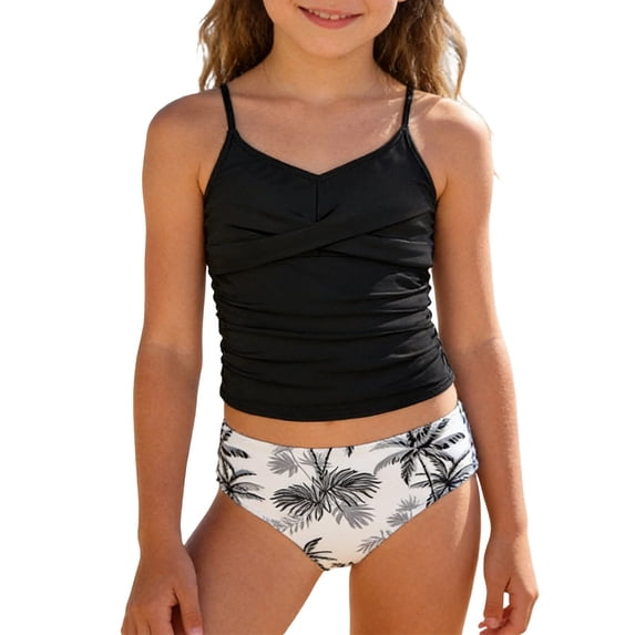 oqasdz Girls Swimsuits Kids Youth 2 Piece Bathing Suit Ruched Tankini Sets Floral Printed Stretchy Soft Swimwear Learning Swimming