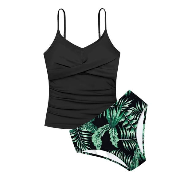 oqasdz Girls Swimsuits Kids Youth 2 Piece Bathing Suit Ruched Tankini Sets Floral Printed Stretchy Soft Swimwear Summer Vacation