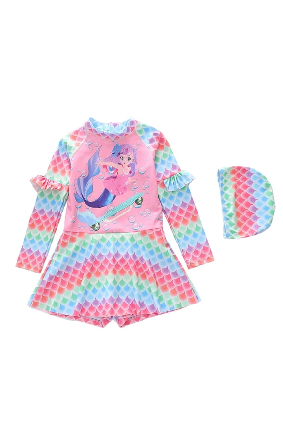 Girls Swimsuits Long Sleeve Cartoon Prints Bathing Suit with Cap Sun Protection Cute Rash Guard Bathing Suit for Kids Beach Pool