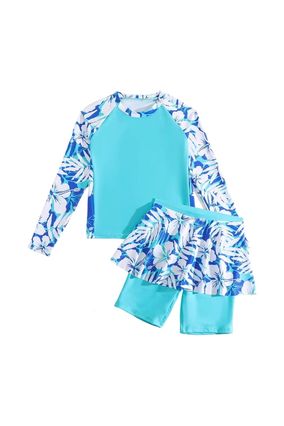 Girls Swimwear 2 Piece Sun Protection Rash Guard Swimsuits with Ruffle Skirt and Adjustable Straits Breathable Summer Beachwear