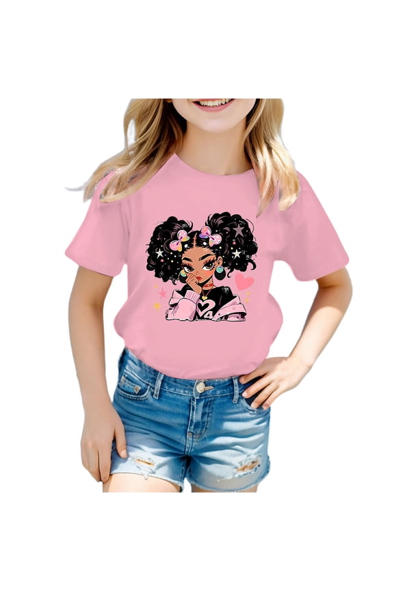 Girls T Shirts Baby Kids Summer Round Neck Cartoon Prints Cute Casual Loose Short Sleeved T Shirt, Size 6-8 Years
