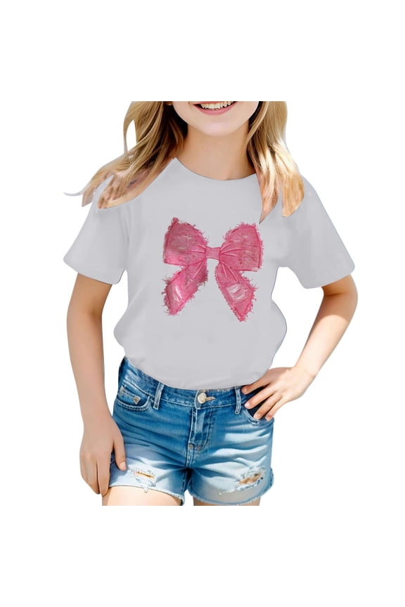 Girls T Shirts Children Casual Letter Pattern Print Multicolor Round Neck Short Sleeves Loose Top Size 2 Y-3 Y