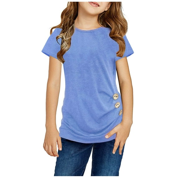 oqasdz Girls T Shirts Front Knot Button Solid Color Short Sleeve Tunic Top Casual Blouse Tee Kids Child Tops Size 8 Y-9 Y