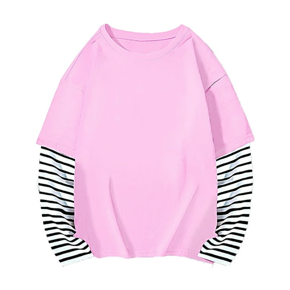 oqasdz Girls T Shirts Kids Spring Fall Solid Color Long Sleeve Striped Stylish T Shirt Top Size 4 Y-5 Y