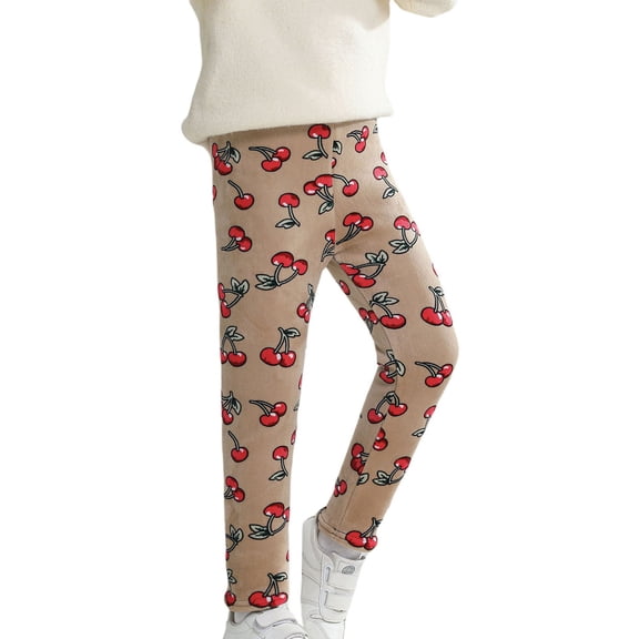 oqasdz Girls Thermal Leggings Winter Base Layer Pants with Cherry Floral Pattern for Warmth and Comfortable Casual Outdoor Versatile Daily Wear