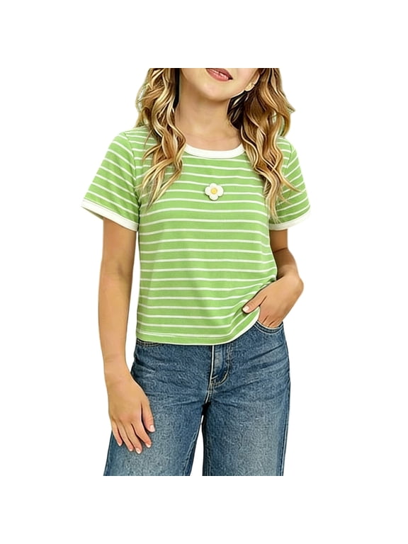 Girls Tshirts Square Neck Short Sleeve Tee Top Soft Blend Striped Pattern Casual for Toddler and Little Kids Outdoor T Shirt
