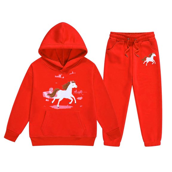 oqasdz Girls Winter Outfits Set Cartoon Horse Print Long Sleeve Hooded Sweatshirt And Joggers With Drawstring Pocket Ranch Style/6-7 Years