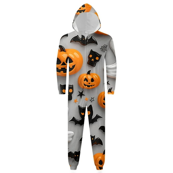 oqasdz Halloween Family Matching Outfits for Dad Hooded Pajamas Cozy Homewear Printed Sleepwear Casual Daily Party Comfort Jumpsuits