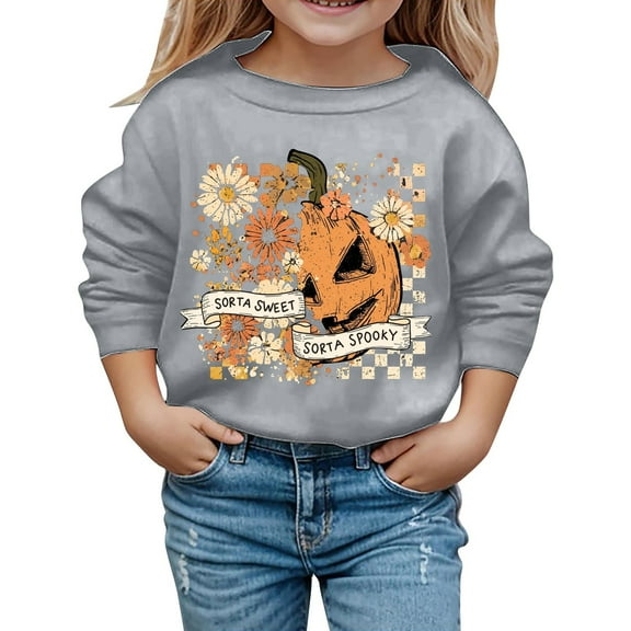 oqasdz Halloween Girls Casual Printed Round Neck Long Sleeve Sweatshirt for Toddlers Kids Soft Comfortable Hoodless Sweat Shirts Size 8 Y-9 Y
