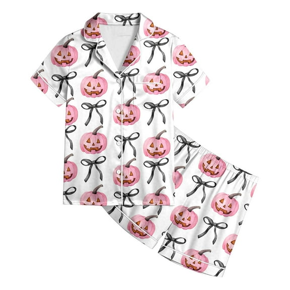 oqasdz Halloween Girls Pajams Lapel Short Sleeve Pumpkin Bow Patterned Printed Blouse and Elastic Waist Shorts Sleepwear Pajama Set/4-5 Years