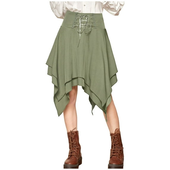 oqasdz Halloween Hot Style Gothic Irregular Lace up Solid Color Skirt for Women Party Evening Fashion Outwear, L