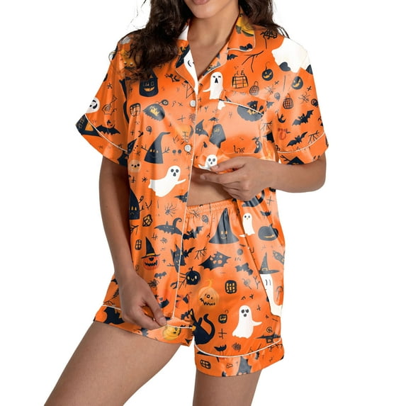 oqasdz Halloween Pajamas Women Ghost Pumpkin Printed Lapel Button Short Sleeve Shirts and Shorts Soft Nightwear Sleepwear, L