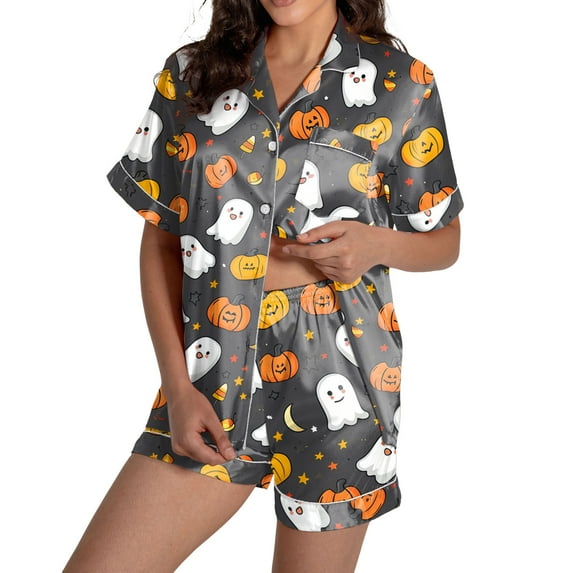 oqasdz Halloween Pajamas Women Ghost Pumpkin Printed Lapel Button Short Sleeve Shirts and Shorts Soft Nightwear Sleepwear, L