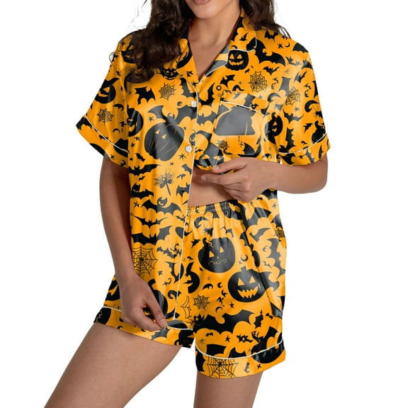 oqasdz Halloween Pajamas Women Ghost Pumpkin Printed Lapel Button Short Sleeve Shirts and Shorts Soft Nightwear Sleepwear, L