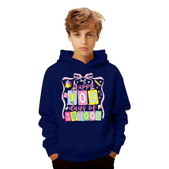 oqasdz Hoodies for Girls 100 Days of School Cute Graphic Hooded Sweatshirt Athletic Playwear Long Sleeve Pullover Durable Soft Casual Outwear