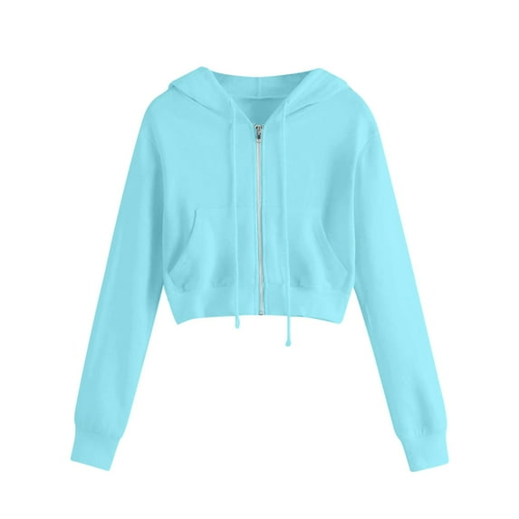 oqasdz Hoodies for Women Solid Color Long Sleeve Zipper Short Hooded Sweatshirt with Pocket Casual Fashion Streetwear Loose Fit Coat Top