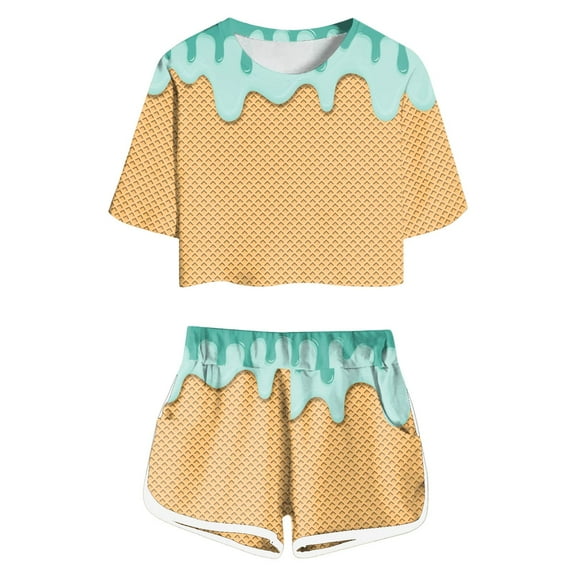 oqasdz Kids Child Boys Girls 2PCS Silk Pajama Set Ice Cream Print Short Sleeve T Shirt And Shorts Homewear Casual Loose Pajamas Size 6 Y-7 Y