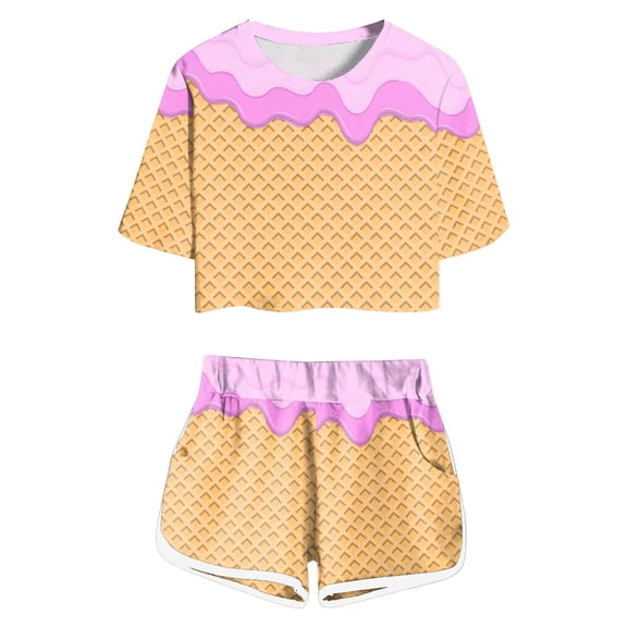 oqasdz Kids Child Boys Girls 2PCS Silk Pajama Set Ice Cream Print Short Sleeve T Shirt And Shorts Homewear Casual Loose Pajamas Size 9 Y-10 Y