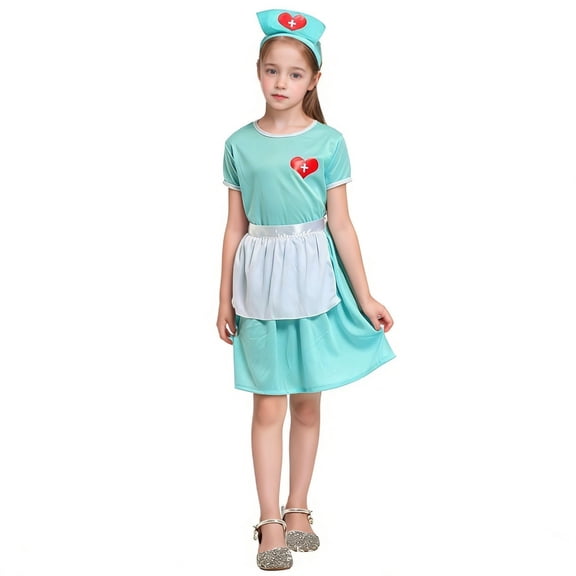 oqasdz Kids Doctor Clothes For Girls Pretend Play Outfit Short Sleeve Dress and Apron with Headwear Party Evening Stage Performance Outfit