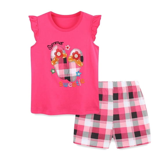 oqasdz Kids Girls Summer Cartoon Print Fly Sleeve T Shirt Tops And Plaid Shorts 2 Piece Set Outfits Clothes Set Children's Clothing/3-4 Years