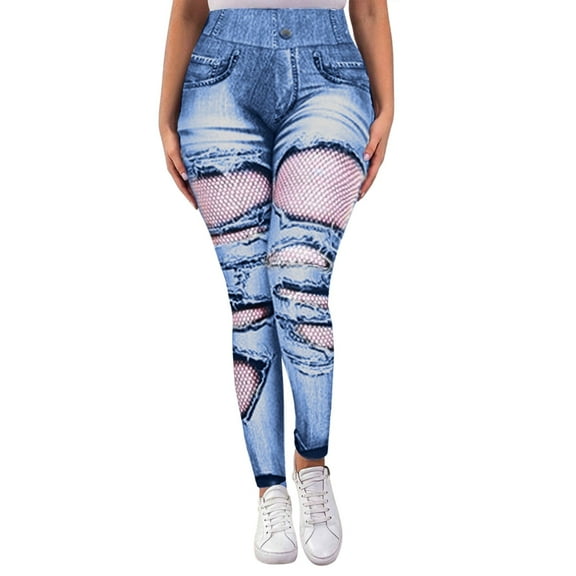 oqasdz Leggings for Women Plus Size Stretchy Ripped Denim Jeans Printed Sports Workout Yoga Pants S