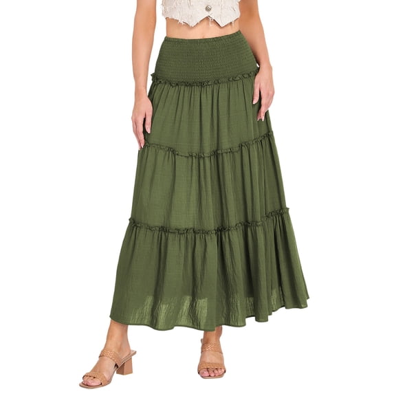oqasdz Maxi Skirts for Women Casual Elegant High Waisted A Line Flowy Ruffles Solid Color Tiered Thin Breathable Formal Long Skirt