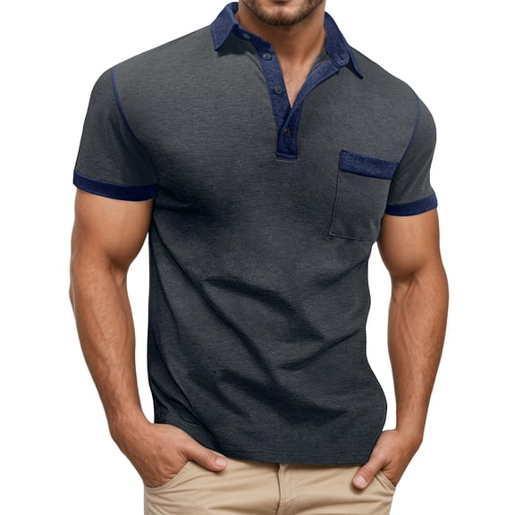 oqasdz Men T Shirts Color Block Button Collar Short Sleeve Slim Fit Casual Breathable Comfortable Daily Wear Outdoor Hiking Tee Top