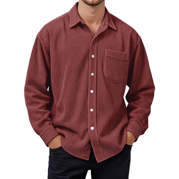 oqasdz Men's Corduroy Shirt Long Sleeve Shirt with Pockets Relaxed Fit Knit Button Up Office Top Business Work Casual Everyday