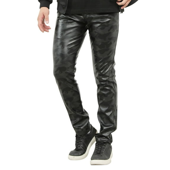 oqasdz Men's Pants Slim Fitting Leather Pants Leggings Tight Elastic Trend Motorcycle Leather Pants Trousers