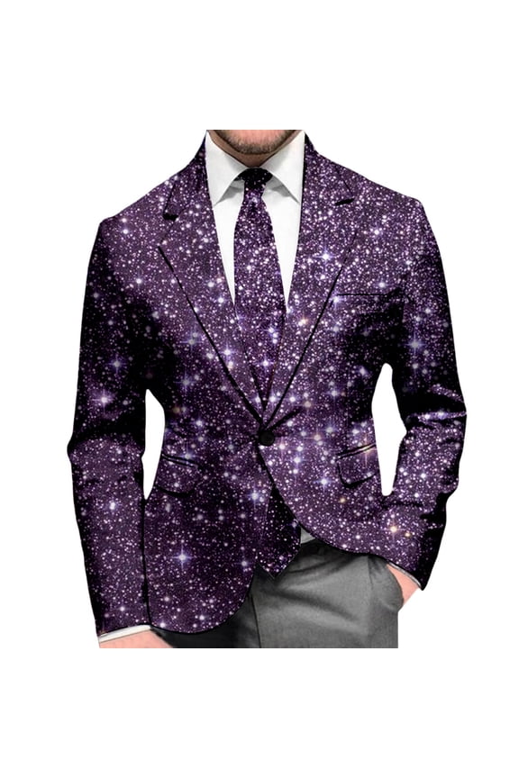 Mens Blazer Sequin Print Long Sleeve Jacket Modern Tuxedo Alternative Casual Lightweight Sport Coat Party Evening Wedding Prom