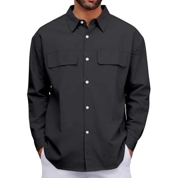 oqasdz Mens Classic Long Sleeve Shirt with Turn Down Collar and Chest Pockets Comfortable Tailored Fit Tunic Tops Dress Work Trendy Outwear