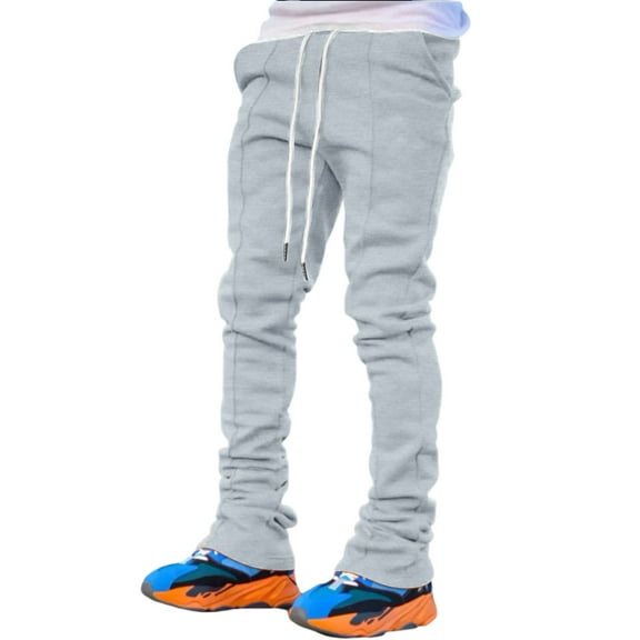 oqasdz Mens Pants Sports Casual Four Season Long Flared Slim Fit Tie Elastic Waist Solid Color Trousers