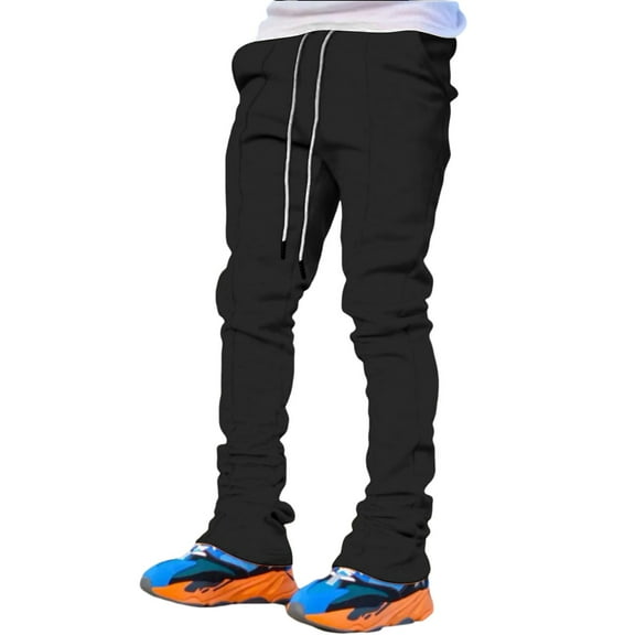 oqasdz Mens Pants Sports Casual Four Season Long Flared Slim Fit Tie Elastic Waist Solid Color Trousers